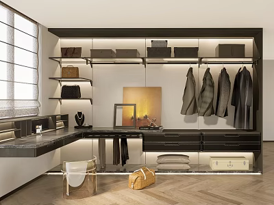 Modern Walk-in Closet Design With Hanging Coats Cabinets And Shelves For Bags 3d model