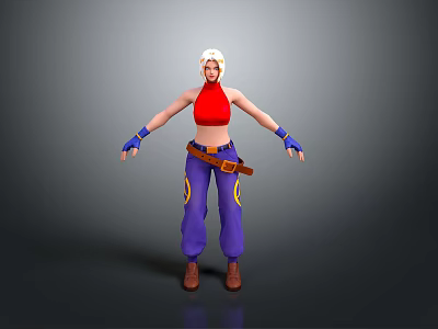 3D Character Blonde Hair Red Tank Top Blue Pants Yellow Accents Brown Boots Blue Gloves 3d model