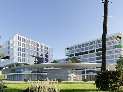 Modern School Buildings Featuring Glass Curtain Walls White Exterior And Green Lawn 3d model