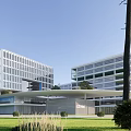 Modern School Buildings Featuring Glass Curtain Walls White Exterior And Green Lawn