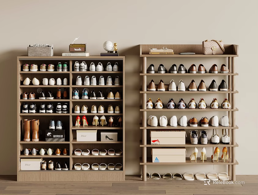 Elegant Modern Shoe Cabinet With Multiple Shelves Holding Various Shoes Storage Boxes And Decor Items 3d model 