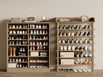 Elegant Modern Shoe Cabinet With Multiple Shelves Holding Various Shoes Storage Boxes And Decor Items 3d model