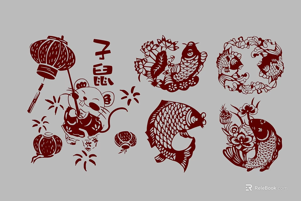 Traditional Chinese Paper Cutting Wall Decor With Lanterns Zodiac Rat Fish And Lotus 3d model 