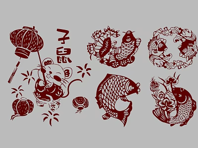 Traditional Chinese Paper Cutting Wall Decor With Lanterns Zodiac Rat Fish And Lotus 3d model
