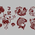 Traditional Chinese Paper Cutting Wall Decor With Lanterns Zodiac Rat Fish And Lotus
