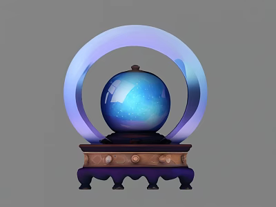 Decorative Ornament With Blue Starry Sphere And Translucent Ring On Wooden Base 3d model