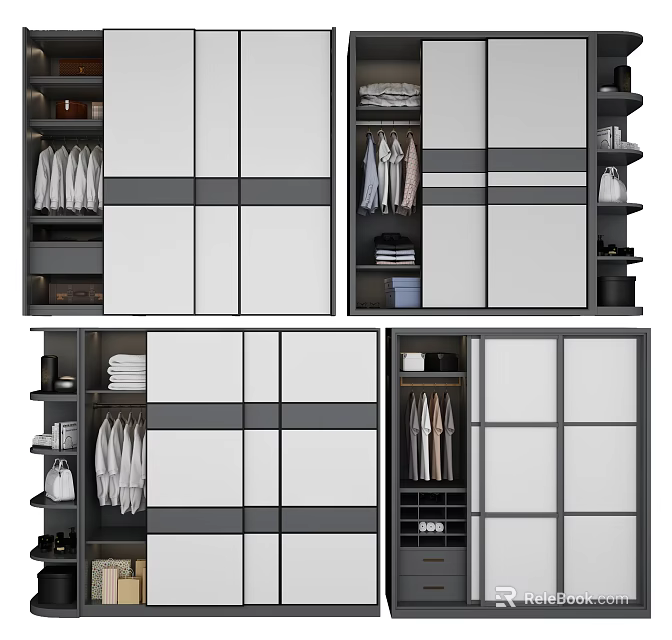 Modern Wardrobe Interior Design With Multiple Doors Hanging Rails Folded Clothes And Storage Drawers 3d model 