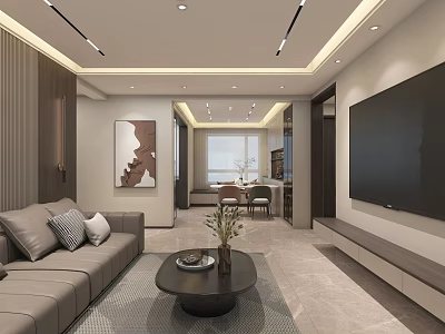 Modern Living Dining Room Interior With Grey Sofa Coffee Table TV Wall Natural Light 3d model