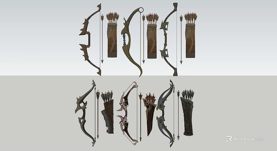 Traditional Bows and Quivers with Arrow Sets in Various Designs 3d model 