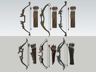 Traditional Bows and Quivers with Arrow Sets in Various Designs 3d model