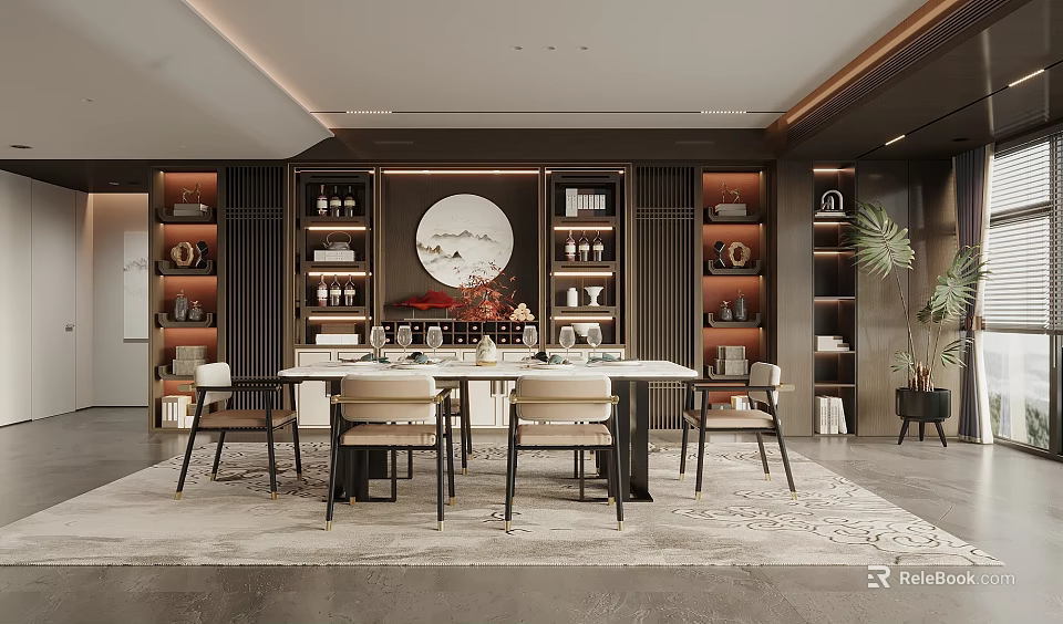 Elegant Modern Chinese Restaurant Interior With Dining Table Chairs Bookshelves And Decorative Art 3d model 