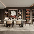 Elegant Modern Chinese Restaurant Interior With Dining Table Chairs Bookshelves And Decorative Art