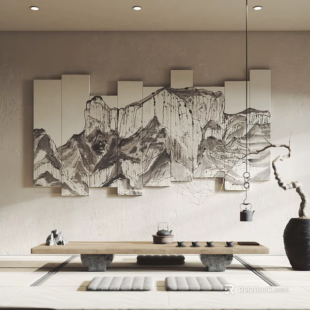 Traditional Chinese Ink Landscape Multi Panel Painting for Interior Decor 3d model