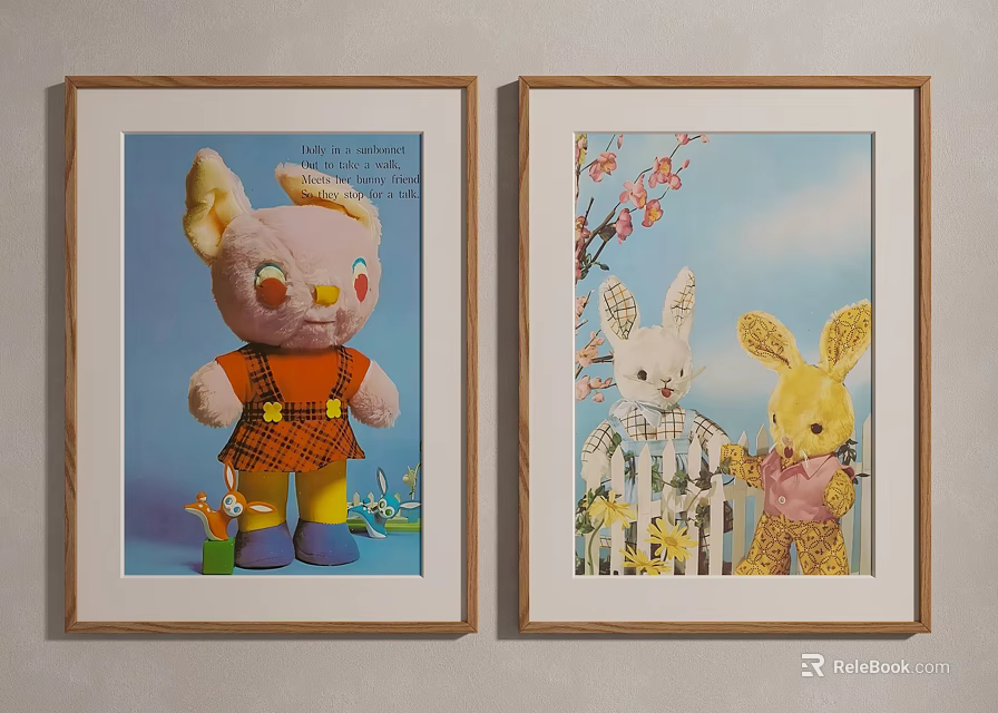 Colorful Framed Wall Art With Stuffed Bunny And Cartoon Rabbit Illustrations 3d model 