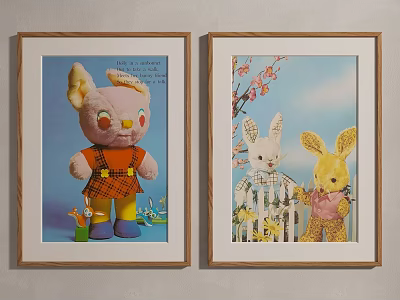 Colorful Framed Wall Art With Stuffed Bunny And Cartoon Rabbit Illustrations 3d model