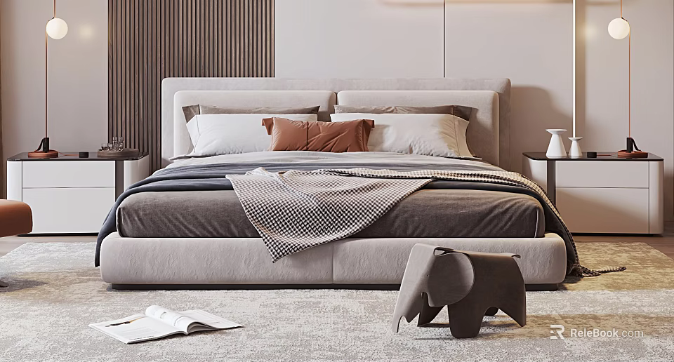 Modern Upholstered Double Bed With White Brown Pillows Plaid Blanket And Elephant Stool On Rug 3d model 