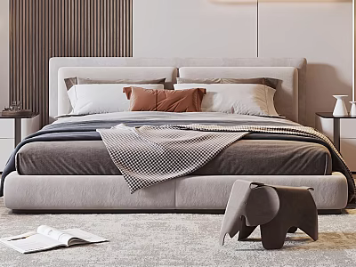 Modern Upholstered Double Bed With White Brown Pillows Plaid Blanket And Elephant Stool On Rug 3d model