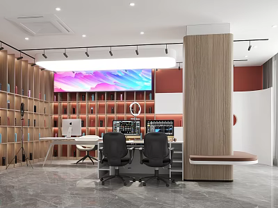 Modern Public Office Space With Open Layout Shelves Computers And Large Digital Screen 3d model