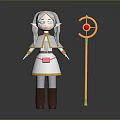Cartoon Elf Character With Gray Long Hair Pointed Ears White Dress And Yellow Magic Staff