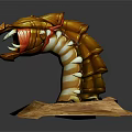 Fierce 3D Monster Model With Orange Yellow Stripes Open Mouth Sharp Fangs on Dirt Base