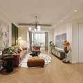 Modern Living And Dining Room Interior With Orange Sofa Dining Table Chandelier And Area Rug