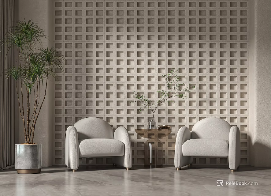 Modern Beige Casual Sofa Set With Two Armchairs Small Side Table And Grid Patterned Wall 3d model