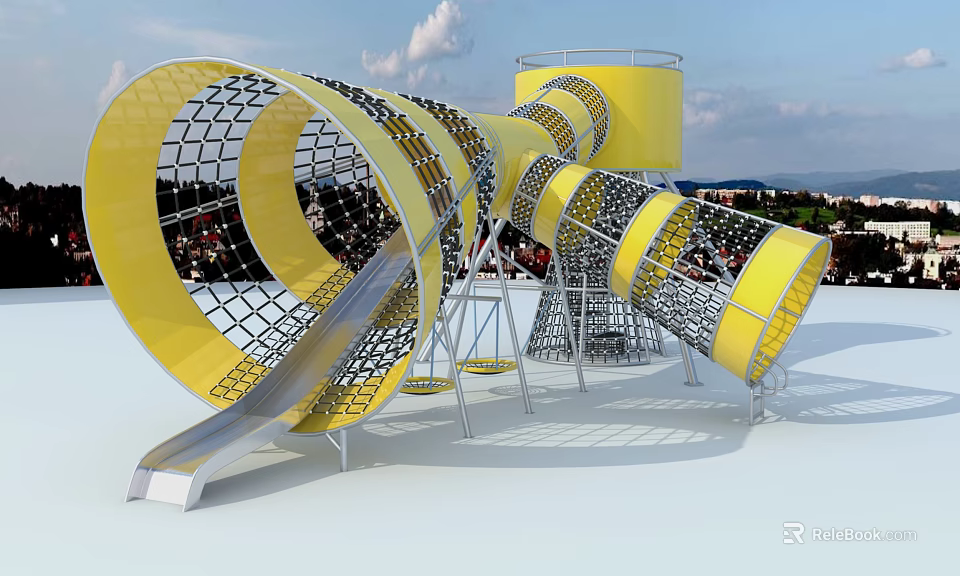 Outdoor Playground Equipment With Yellow Spiral Slides And Metal Mesh Structure 3d model 