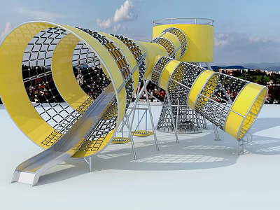 Outdoor Playground Equipment With Yellow Spiral Slides And Metal Mesh Structure 3d model