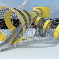 Outdoor Playground Equipment With Yellow Spiral Slides And Metal Mesh Structure