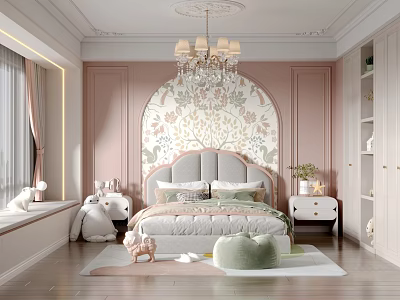 Cozy Kids Room With Pink Walls Arched Floral Accent Wall Chandelier Window Seat And Stuffed Toys 3d model
