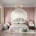 Cozy Kids Room With Pink Walls Arched Floral Accent Wall Chandelier Window Seat And Stuffed Toys