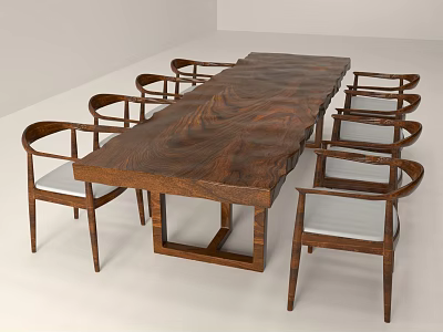 Natural Solid Wood Tea Table With Curved Backrest Chairs And Light Seats 3d model