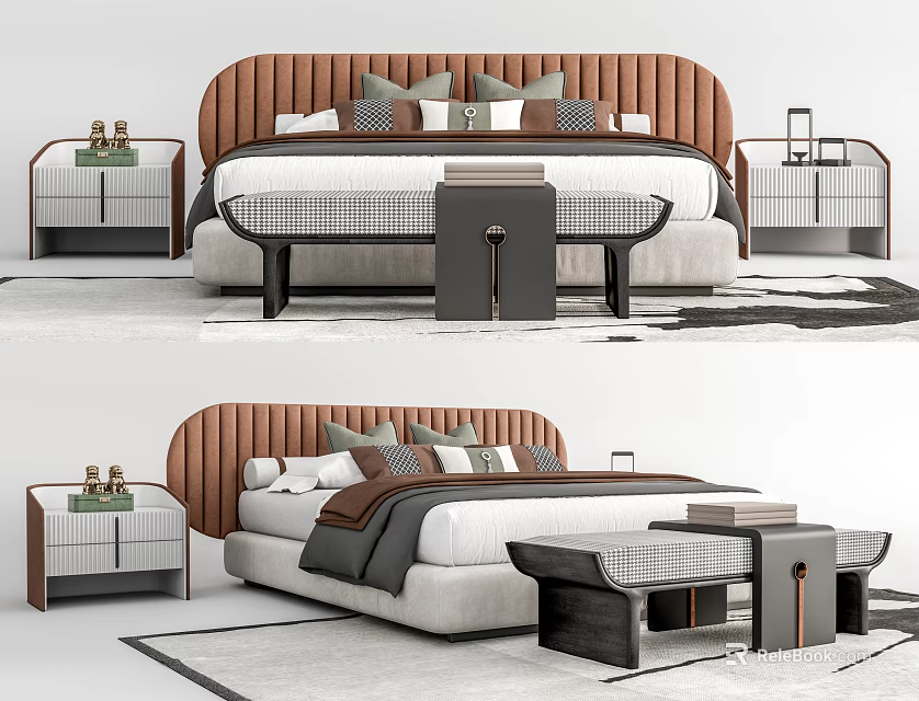 Modern Double Bed With Brown Headboard Decorative Pillows Plush Bedding And Nightstands 3d model
