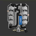 High Performance Car Engine With Blue Component Black Pipes And Silver Metal Parts