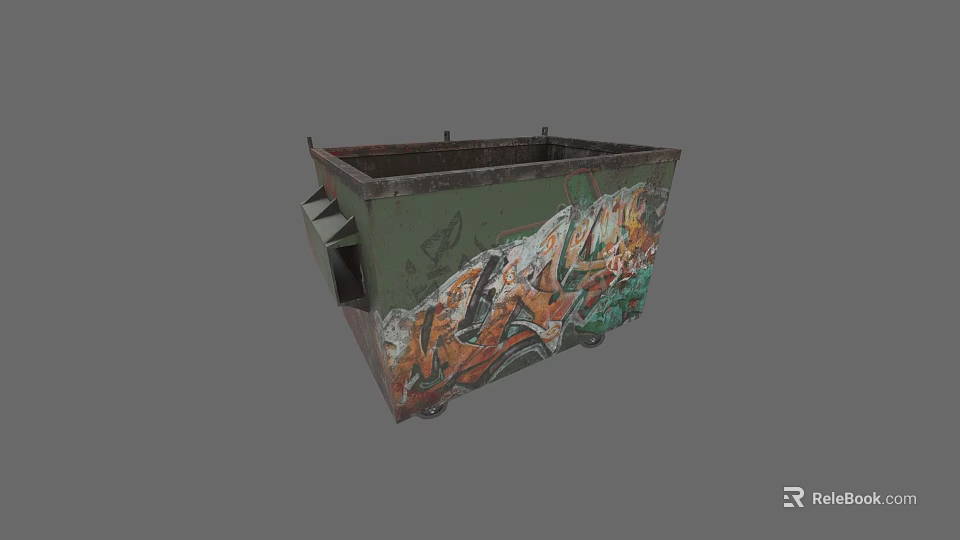 Green Metal Trash Bin With Colorful Graffiti Art On Side 3d model 