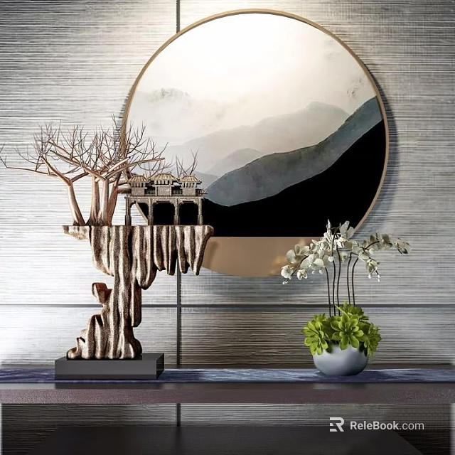 Decorative Ornament Set With Circular Landscape Painting Tree Shaped Ornament Small House And Flower Vase 3d model 