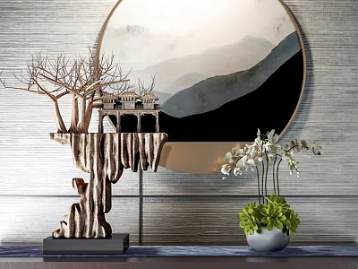 Decorative Ornament Set With Circular Landscape Painting Tree Shaped Ornament Small House And Flower Vase 3d model