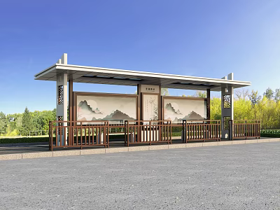 Roadside Facility With Covered Shelter Decorative Screens Wooden Railings Green Trees And Blue Sky Background 3d model
