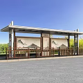 Roadside Facility With Covered Shelter Decorative Screens Wooden Railings Green Trees And Blue Sky Background