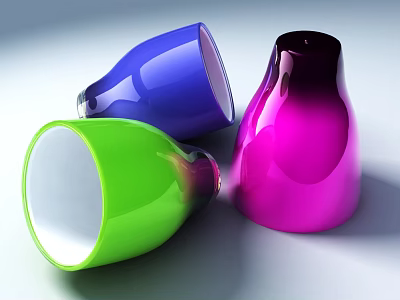Three Modern Shiny Cups in Green Blue and Pink with Glossy Finish 3d model