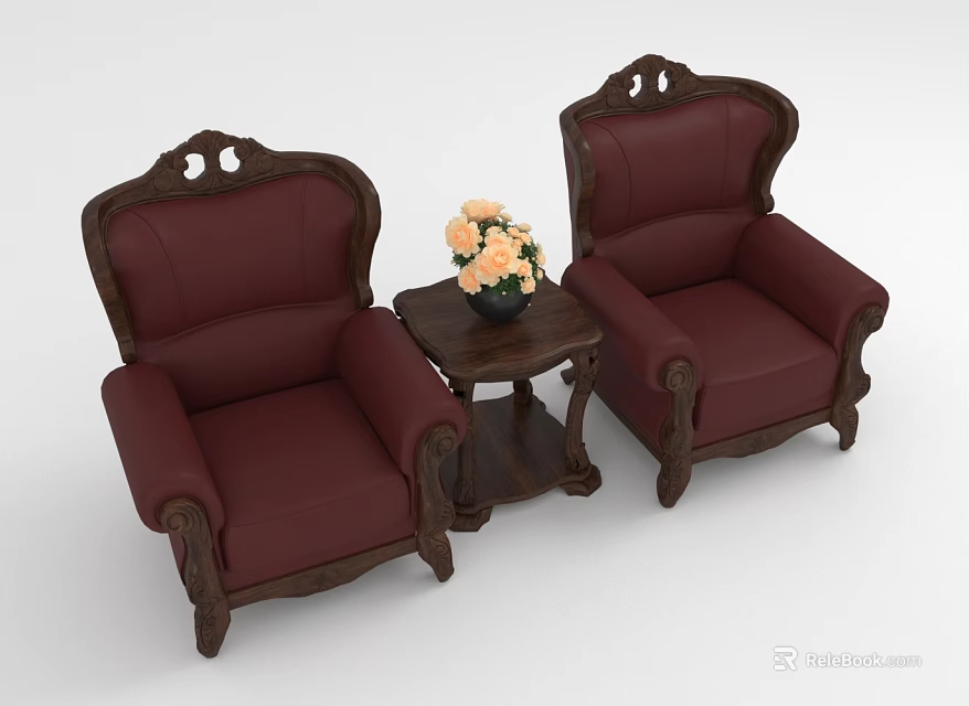Classic Leisure Sofa Set with Two Red Armchairs Wooden Carved Frame and Coffee Table with Flowers 3d model 