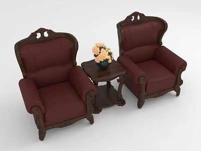 Classic Leisure Sofa Set with Two Red Armchairs Wooden Carved Frame and Coffee Table with Flowers 3d model
