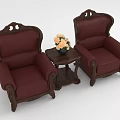 Classic Leisure Sofa Set with Two Red Armchairs Wooden Carved Frame and Coffee Table with Flowers