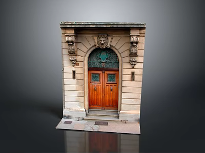 Classic Stone Doorway With Wooden Double Doors And Lion Head Carvings 3d model