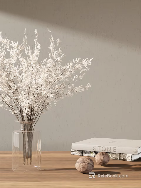 Clear Glass Vase With White Decorative Branches And White Book On Light Gray Wall 3d model 