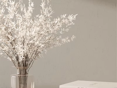 Clear Glass Vase With White Decorative Branches And White Book On Light Gray Wall 3d model
