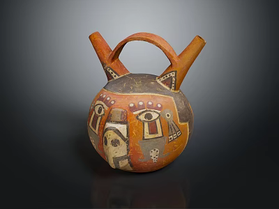 Traditional Ceramic Vessel With Two Handles And Orange Brown Decorative Patterns 3d model