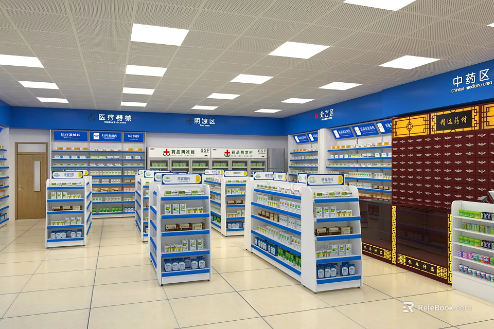Retail Pharmacy Store Interior With Medicine Shelves And Chinese Herbal Cabinets 3d model 