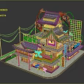 Traditional Japanese Multi story Building Model with Red Structure and Decorative Elements