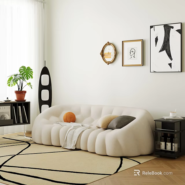 Modern Two Seater Sofa With Cushions Throw Blanket Side Table Decorative Paintings And Potted Plant 3d model 
